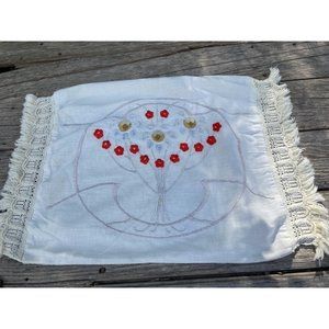 Vintage 1930s Art Deco Linen Fringed Pillow Cover Embroidered Vase Flowers